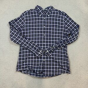 Barbour Plaid Button Up Shirt Mens Medium Blue Linen Blend Long Sleeve Casual